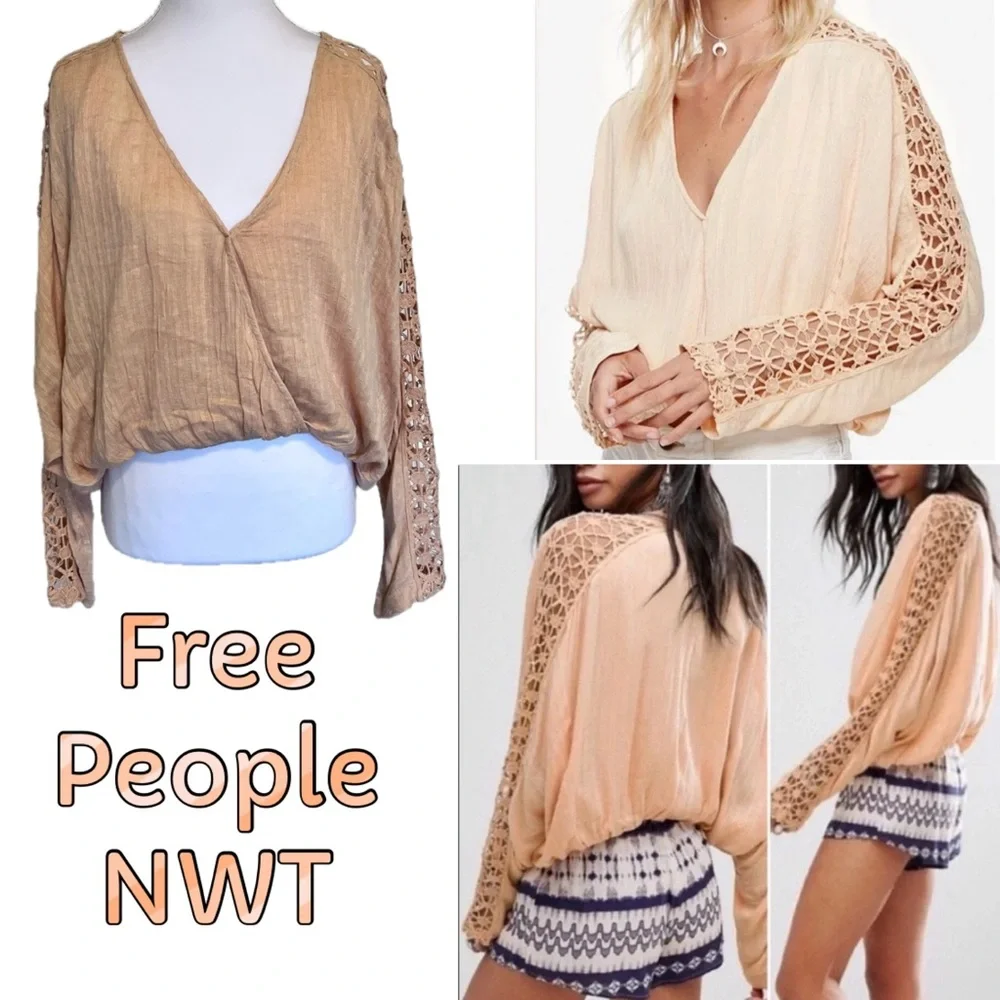 Free People NWT Runaway Peach Crochet Sleeve Blouse XS